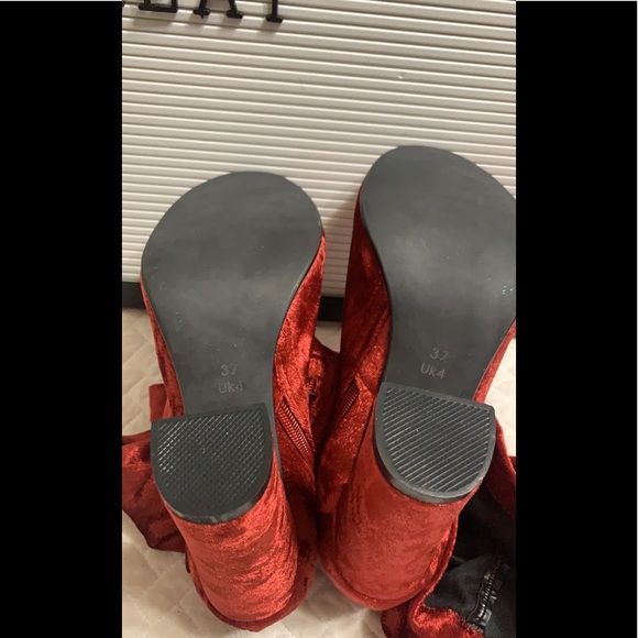 Velvet peep toe over the knee burgundy long boots - Picture 6 of 8